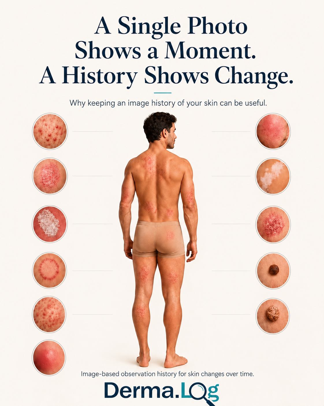 Editorial illustration showing a person surrounded by examples of visible skin changes, representing the value of keeping a photographic skin history.