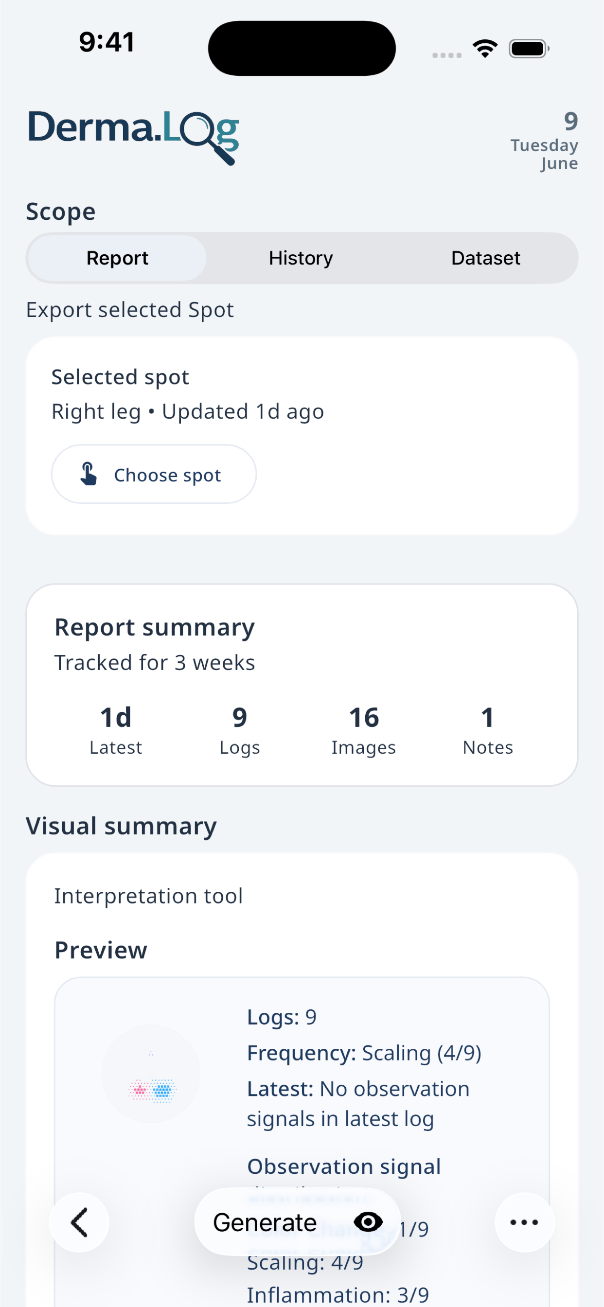 Derma.Log export screen showing report, history, and dataset options