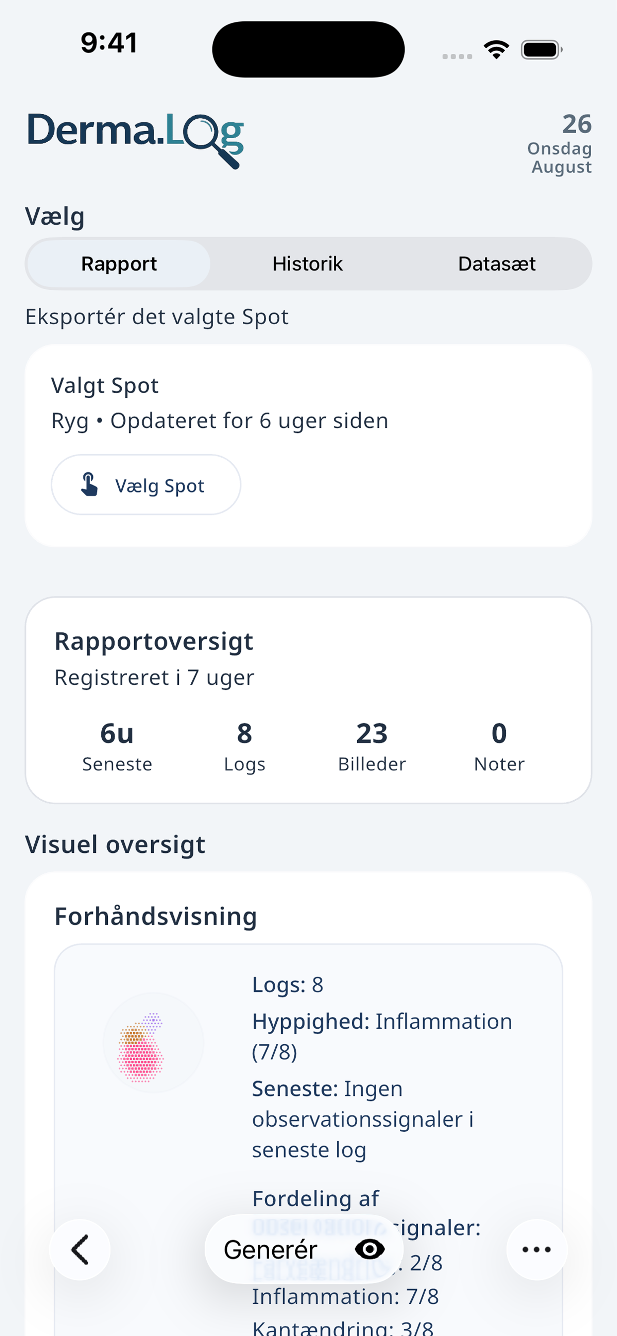 Derma.Log-eksport med valg mellem rapport, historik og datasæt